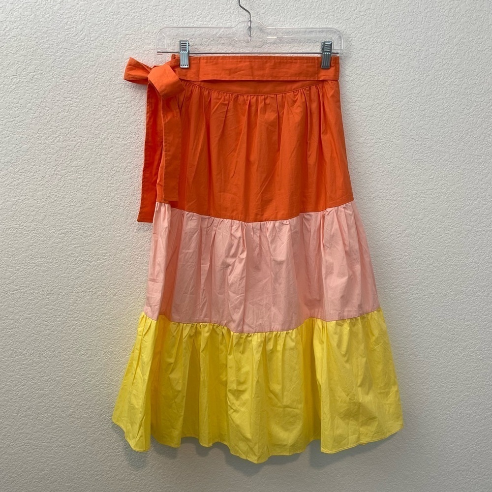 English Factory Midi Tiered Color Block Orange Peach Yellow Skirt with Belt- XS - Picture 7 of 12
